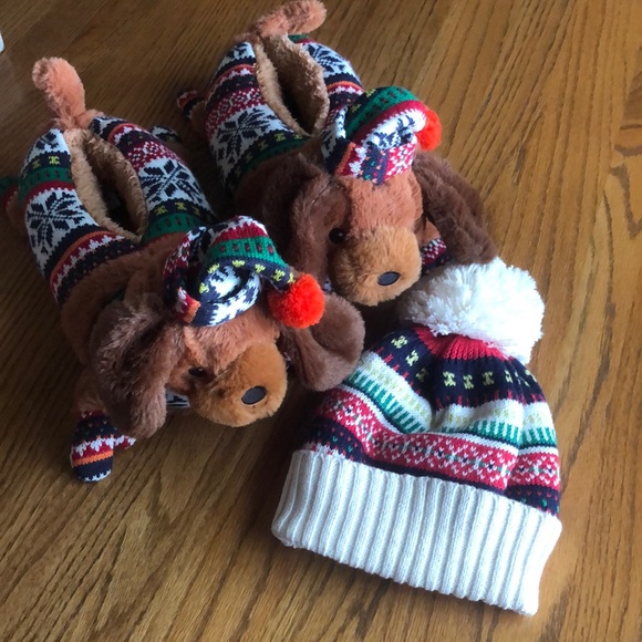 aerie Shoes Aerie Dog Slippers And Matching Beanie Bundle Poshmark